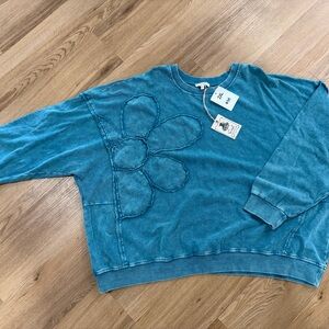 Easel Blue Flower Embroidered Sweatshirt